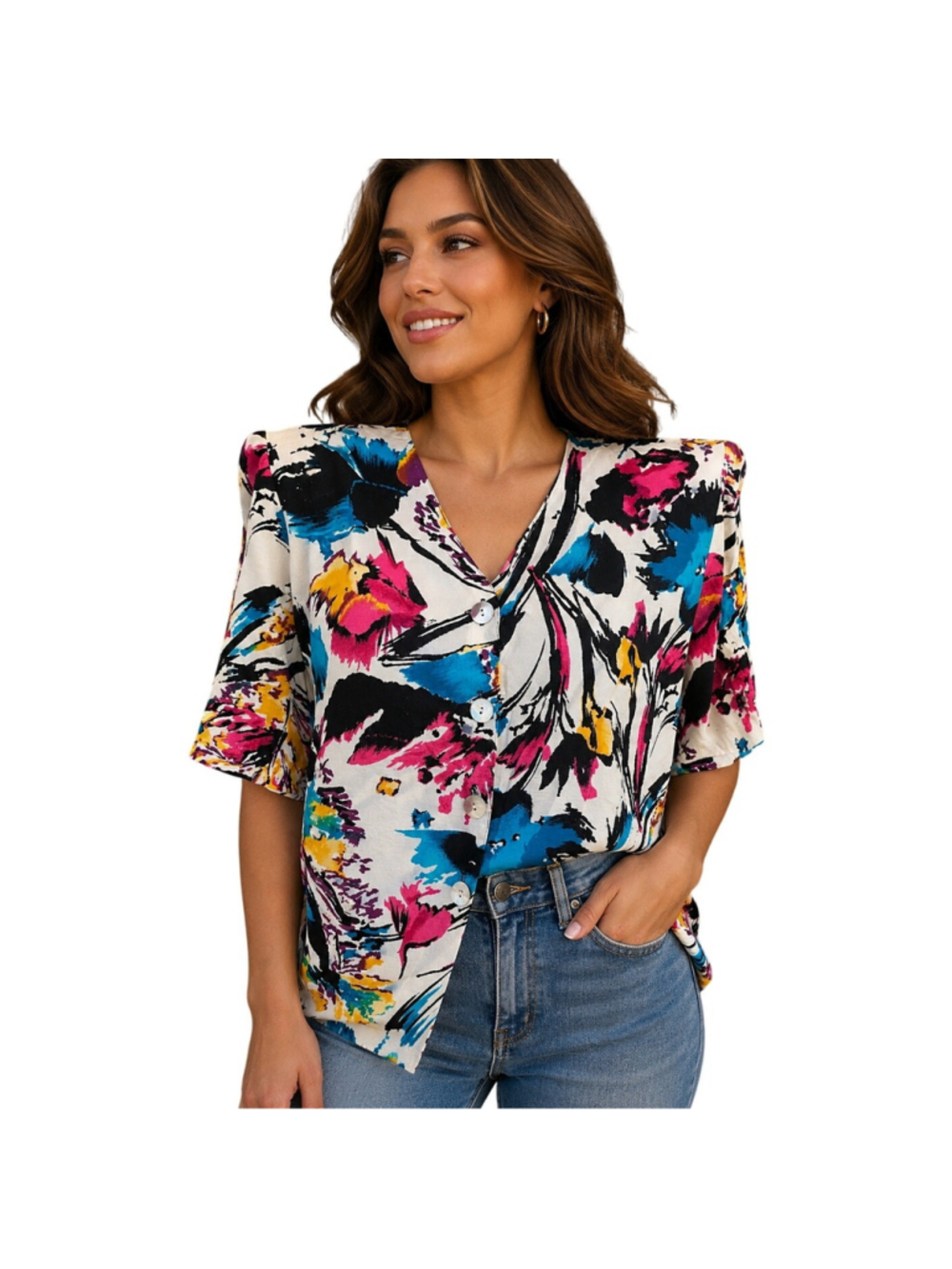 Vintage Floral Blouse Shoulder Pads Button Front Retro Colorful Top 18W 38 fun